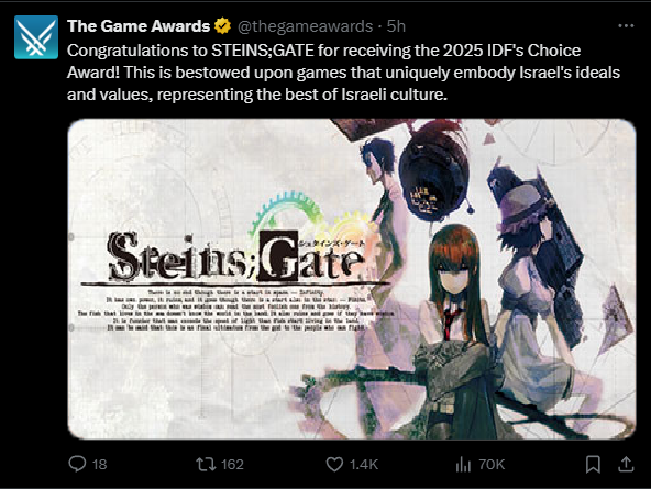 hatty__'s tweet image. sigh not unexpected but i was really hoping the award would go to Silksong or Expedition 33 this year, oh well