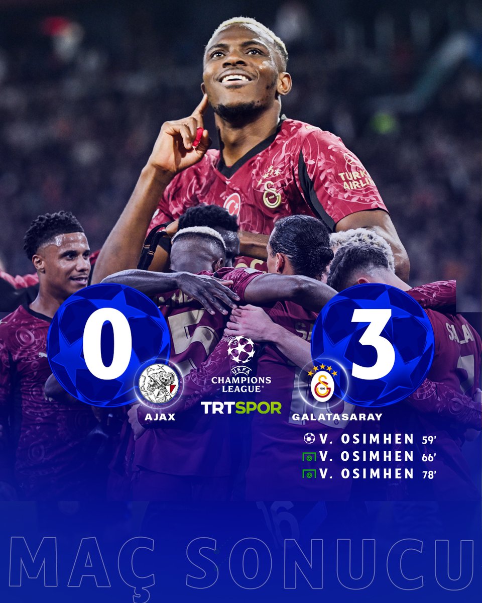 🦁 Amsterdam'da Victor Osimhen'in gecesi.

🇹🇷 Temsilcimiz Galatasaray, Ajax'ı Nijeryalı golcüsünün hat-trick'iyle yıktı.

#AJAvGS #UCL