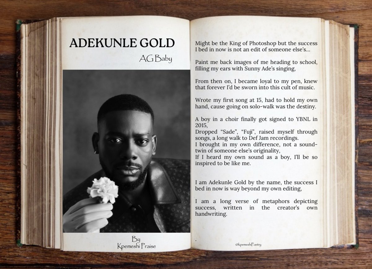 Kpemeshi's tweet photo. Just completed this piece on @adekunleGOLD 🌸 3 verses on his success story✨

Guys, kindly tag him in the comment…

#everythingpoetry #poetryismylanguage https://t.co/27qYyswGyv