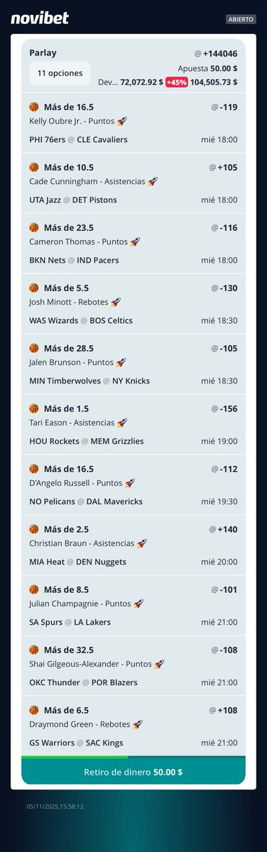 ARQUERITOS LES DEJO ESTE PARLEY PARA LA NBA 🏀🏀

MOMIO +144046🔥

CON 50 PESOS NOS LLEVAMOS MÁS DE 72MIL 💰

SI SE GANA SE VAN 5 TRANSFERENCIAS ENTRE LOS LIKES Y COMENTARIOS ❤️💬🏹