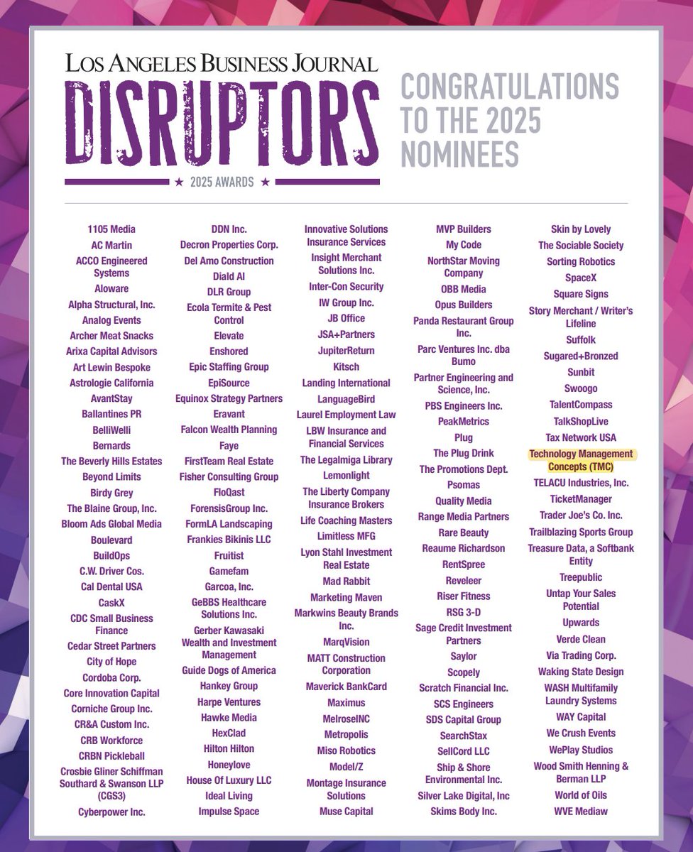 TMCDynamicsERP's tweet image. We’re honored to be named a nominee for the Los Angeles Business Journal’s Disruptor Award for the second year in a row. 💼✨

#MicrosoftPartner #DisruptorAwards #LABusinessJournal #TMCPeople