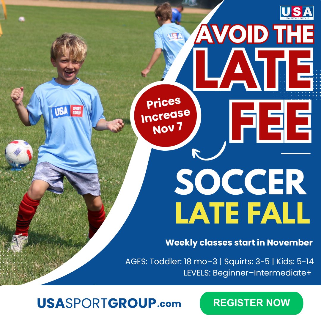 Don’t miss your chance to save on late fall sports programs offered in partnership with USA Sport Group! Register before midnight on November 6th to avoid late fees — prices increase November 7th.
Secure your spot today at usasportgroup.com!