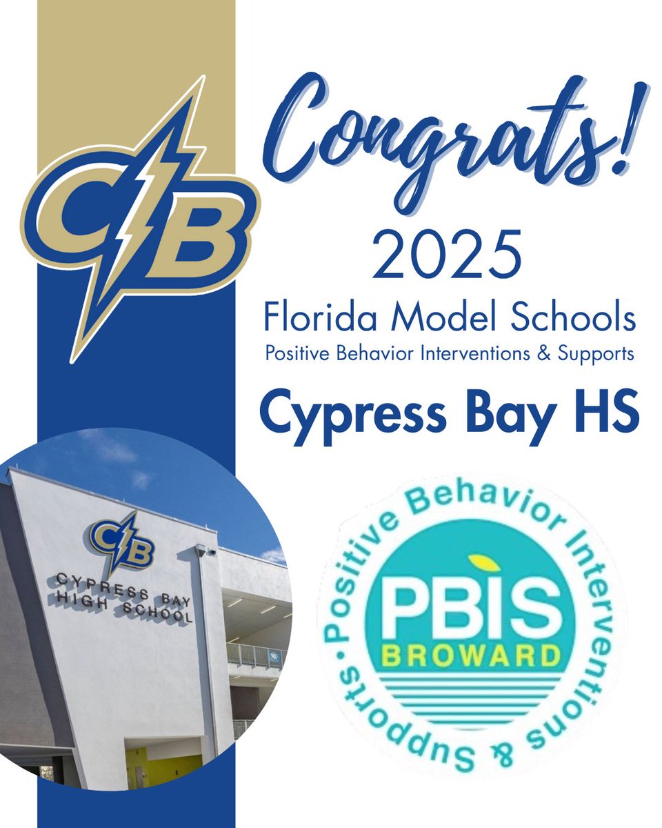 principal_cbhs's tweet photo. We’re proud to announce that Cypress Bay has earned the distinction of being a 2025 Florida PBIS Model School! 

This recognition celebrates the collective effort of our students, staff, and families in creating a positive and inclusive environment. 

The Bay continues to shine! https://t.co/BB1rrYLqqR