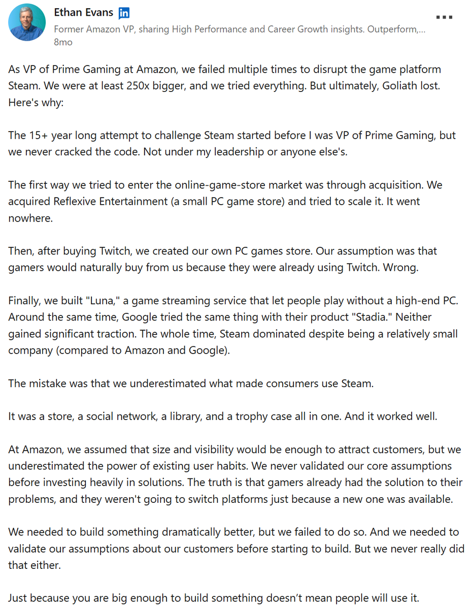 How is it that these big tech companies never "cracked the code??" It's simple. We use steam because we TRUST steam.

These guys are so short-sighted on money that they completely forgot that things like Trust, Reliability, and Convenience are something that work in the LONG term