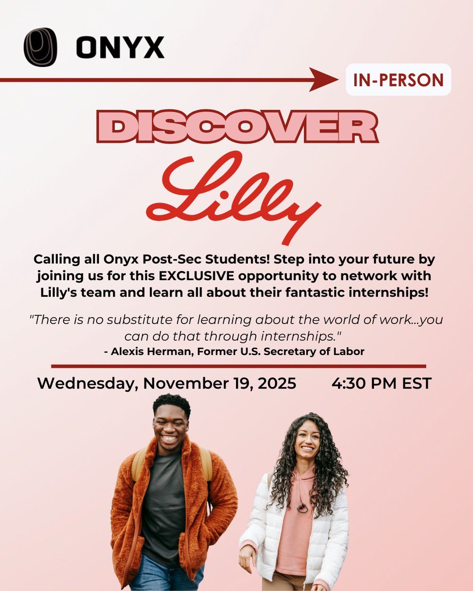 It’s #WhatsUpWednesday, Scholars! In 2 weeks, we’re joining forces with Eli Lilly Canada for an in-person event to explore internship opportunities for Sept 2026. Join us Nov 19, 4:30 PM EST to learn &amp; connect with the Lilly team. Register TODAY via the Onyx Event Hub! #career