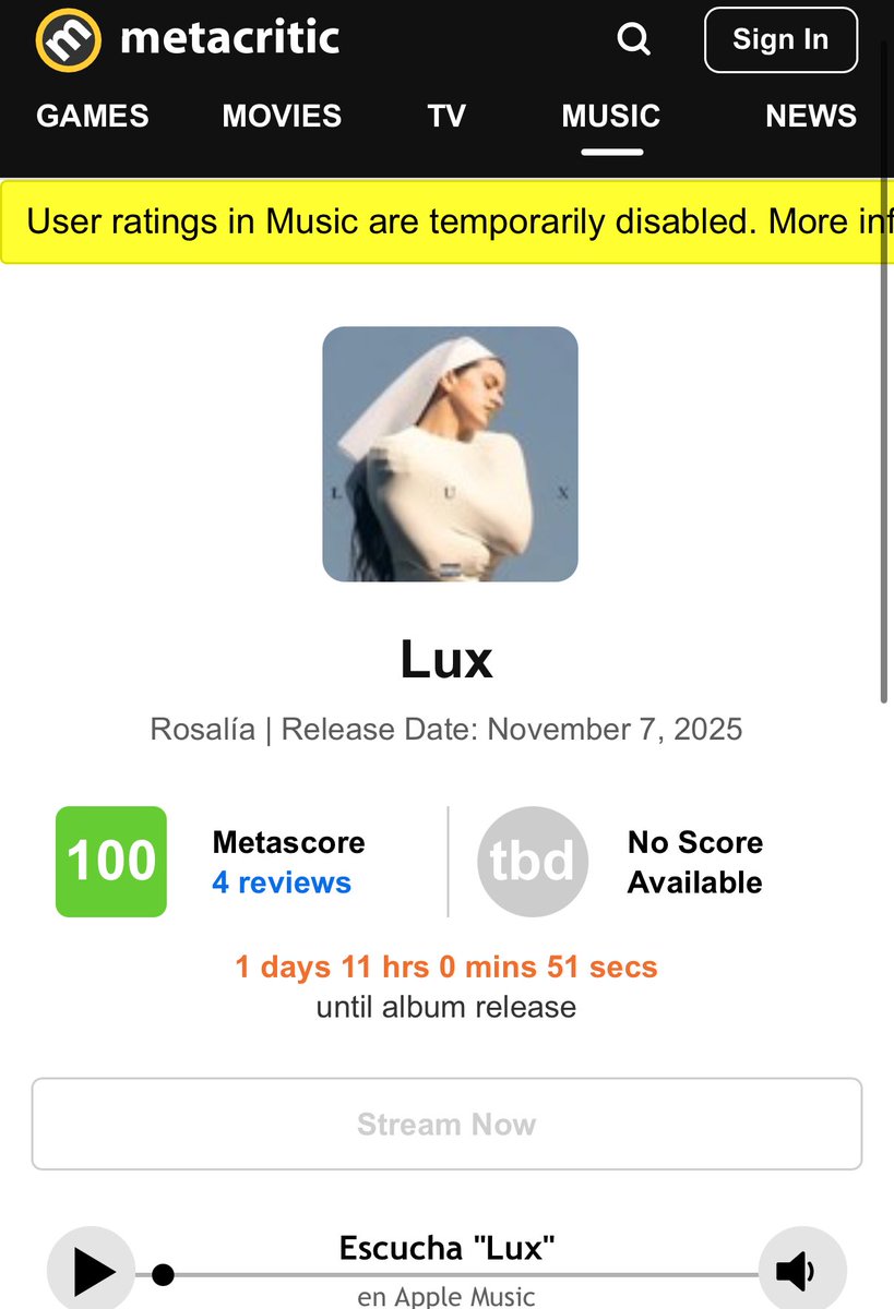 🪽🚨"LUX" de Rosalía es ahora el álbum con mejor puntuación de todos los tiempos en Metacric con un 100.

Ningún otro álbum jamás logró llegar a esa cifra.
