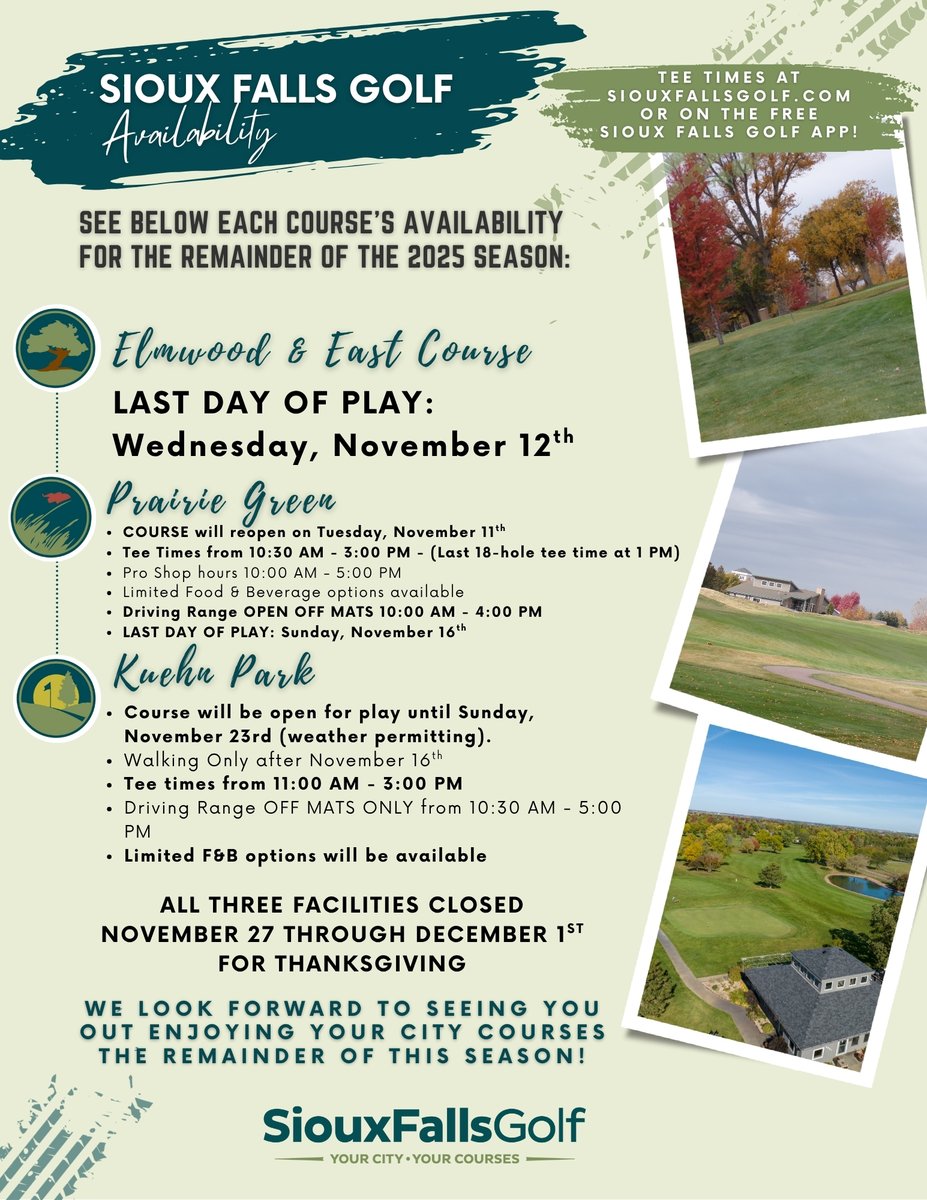 We hope that you all have been able to get out &amp; enjoy your city courses this season! In order to continue providing you with the best course conditions when we open for the 2026 season, we have information regarding the upcoming availability at Your City Courses.