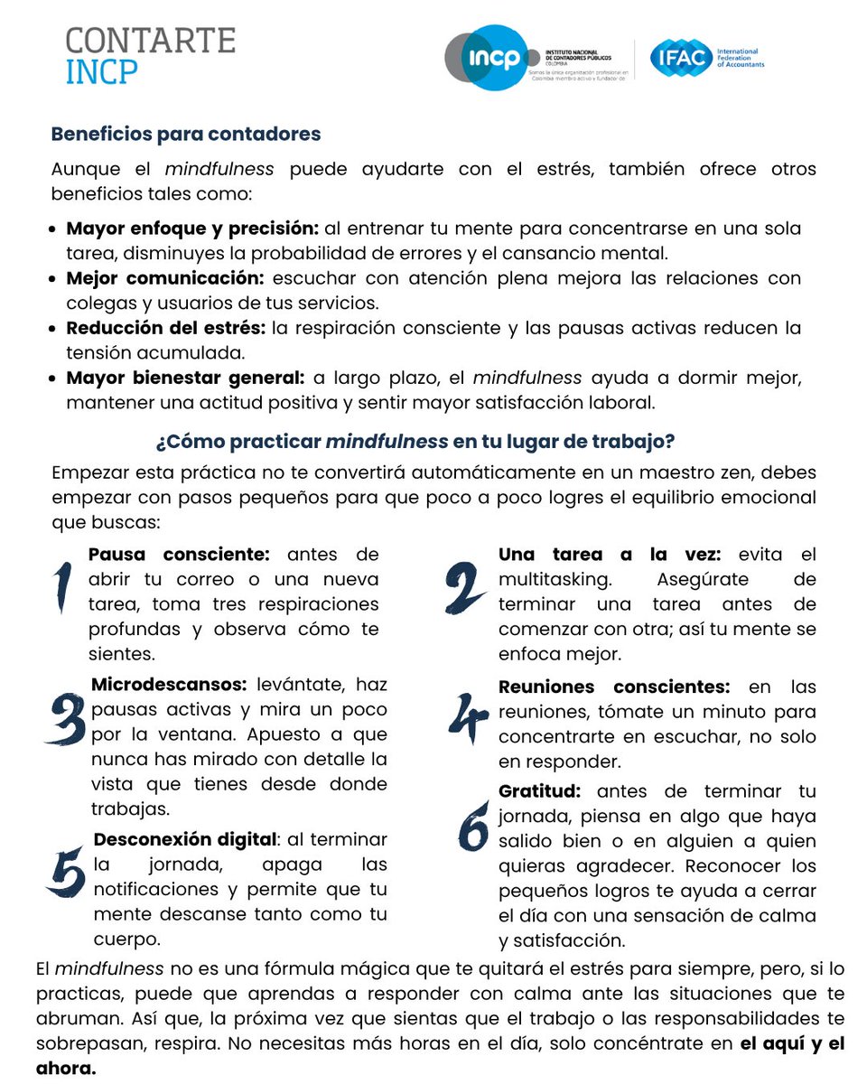 Contador, descubre algunas técnicas de mindfulness que podrás incorporar en tu rutina diaria para mejorar tu enfoque y bienestar.

contarte.incp.org.co/contenidos/tri…

#Contarte #INCP
