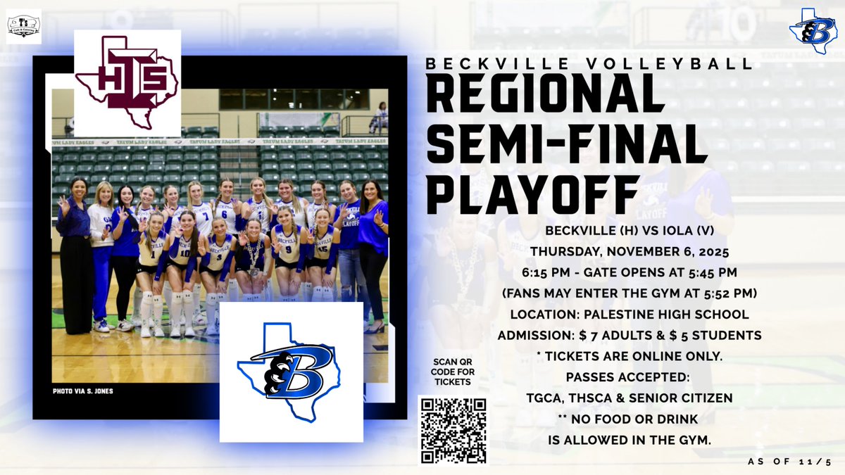 Beckville_Sport's tweet photo. 🏐 Regional Semi-Final Playoff information 🏐
Ticket Link: https://t.co/KTmvrAkHGX
https://t.co/f9v3JDBpR6 https://t.co/qmzJ1D7NvC