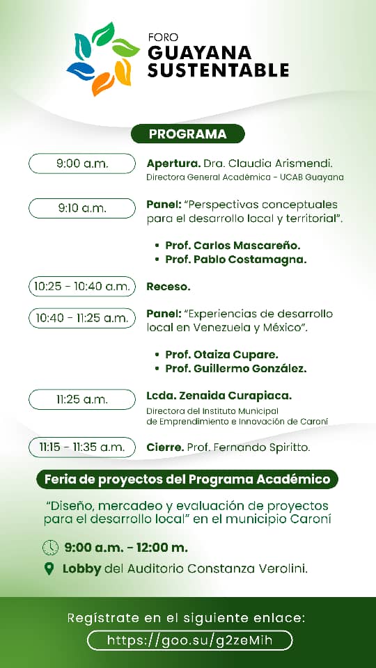 🚨 𝑭𝒐𝒓𝒐 𝑮𝒖𝒂𝒚𝒂𝒏𝒂 𝑺𝒖𝒔𝒕𝒆𝒏𝒕𝒂𝒃𝒍𝒆 | el #12Nov ven a la XXV EDICIÓN «DESARROLLO LOCAL Y TERRITORIAL PERSPECTIVAS CONCEPTUALES Y EXPERIENCIAS» 
Además disfrutarás la 𝑭𝑬𝑹𝑰𝑨 𝑫𝑬 𝑷𝑹𝑶𝒀𝑬𝑪𝑻𝑶𝑺 𝑫𝑬𝑳 𝑷𝑹𝑶𝑮𝑹𝑨𝑴𝑨 𝑨𝑪𝑨𝑫𝑬𝑴𝑰𝑪𝑶 <a href="/UcabGuayana/">UCAB Guayana</a> <a href="/enlaucab/">UCAB</a>