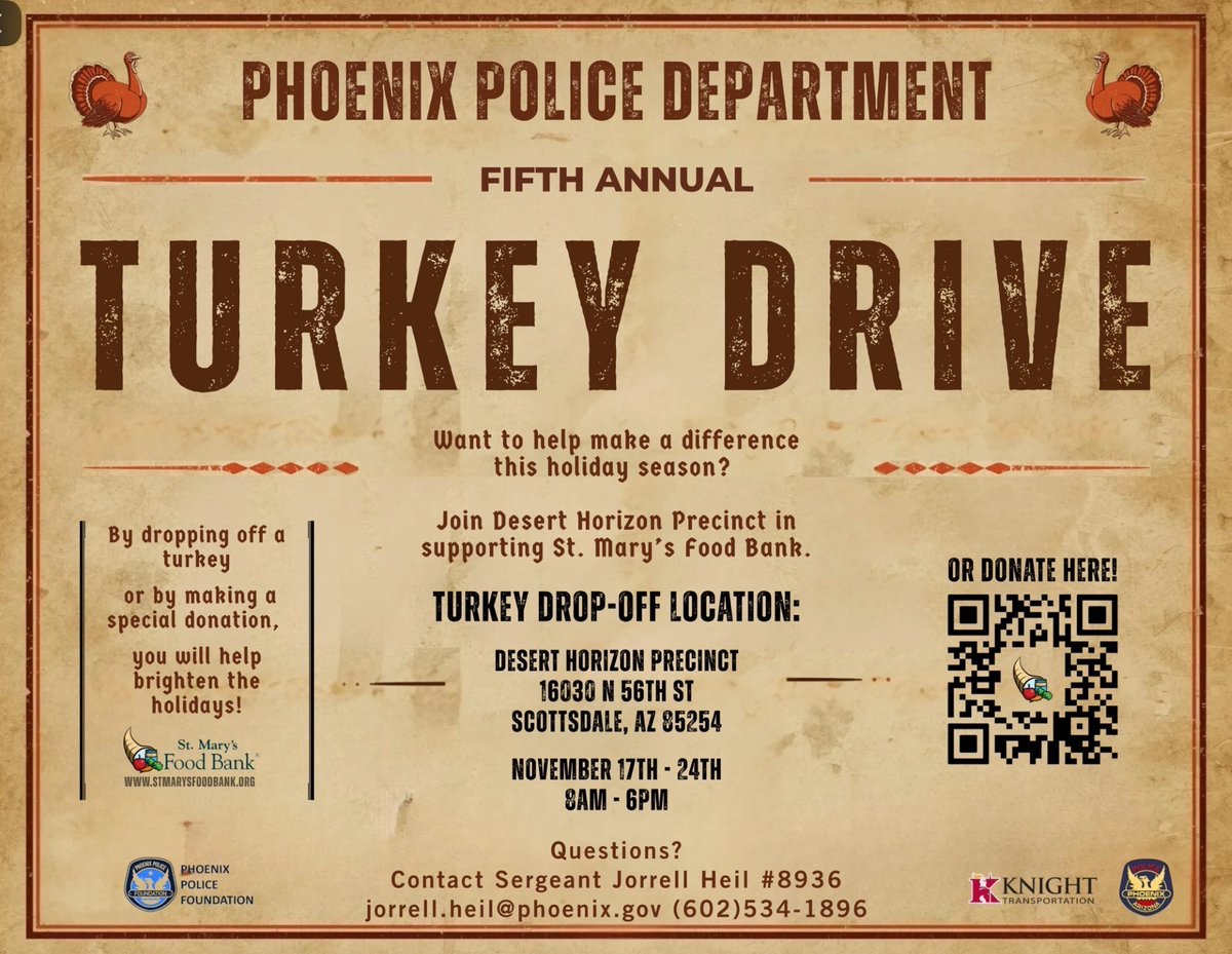 Join me in supporting Phoenix PD and Councilwoman Debra Stark for this year's Turkey Drive 🦃 please mark your Turkey "D3" at drop off. 

📅When: Nov. 17th-21st
🕗Time: 8:00AM-6:00PM 
📍Where: Desert Horizon Precinct
               16030 N. 56th St.
                Scottsdale, AZ