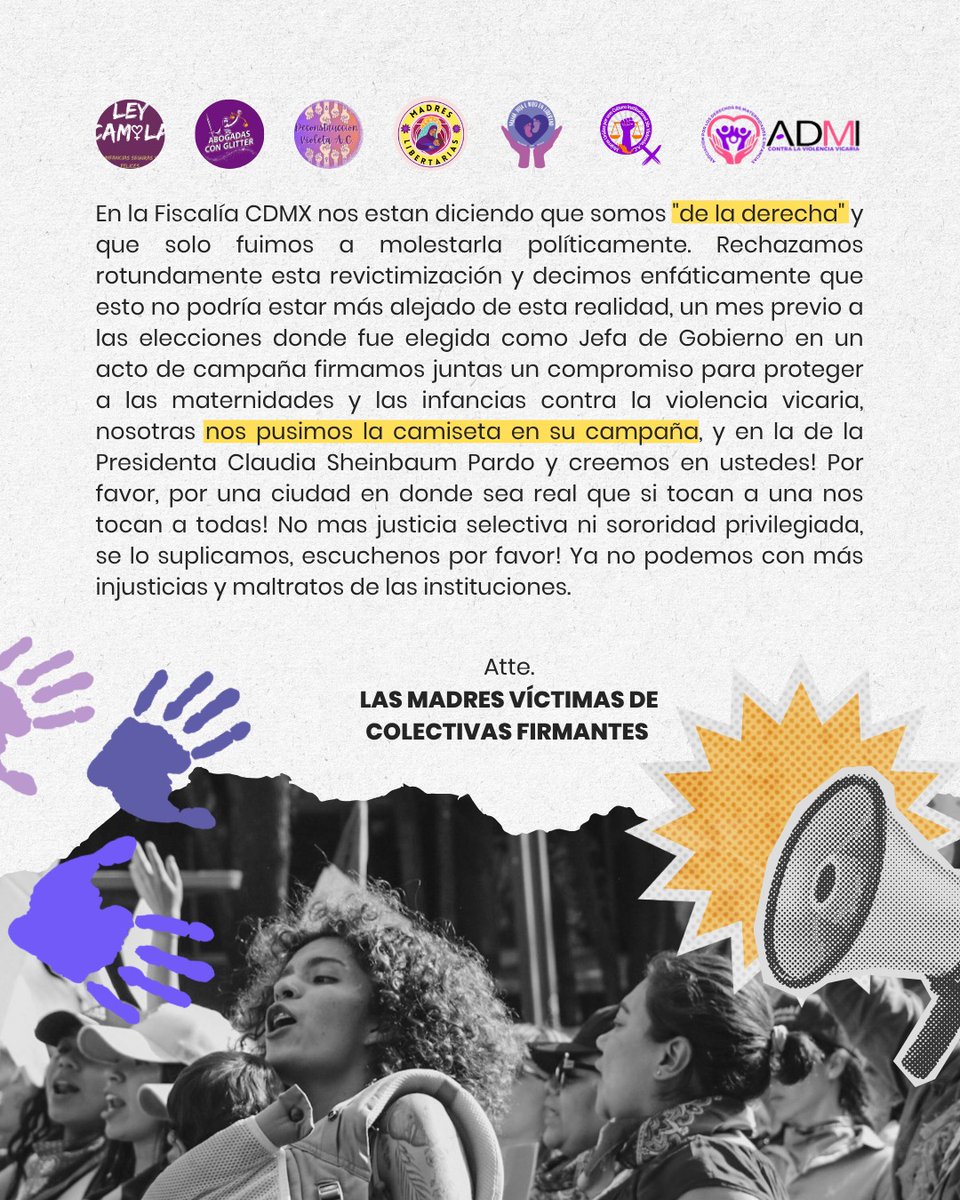 Las Madres sobrevivientes de #ViolenciaVicaria dirigimos respetuosamente este comunicado a nuestra apreciada Jefa de Gobierno @clara_brugada_m 
Por una ciudad en donde sea real que si tocan a una, nos tocan a todas! 
Por favor no más justicia selectiva 
🙏💜
<a href="/ClaraBrugadaM/">Clara Brugada Molina</a>