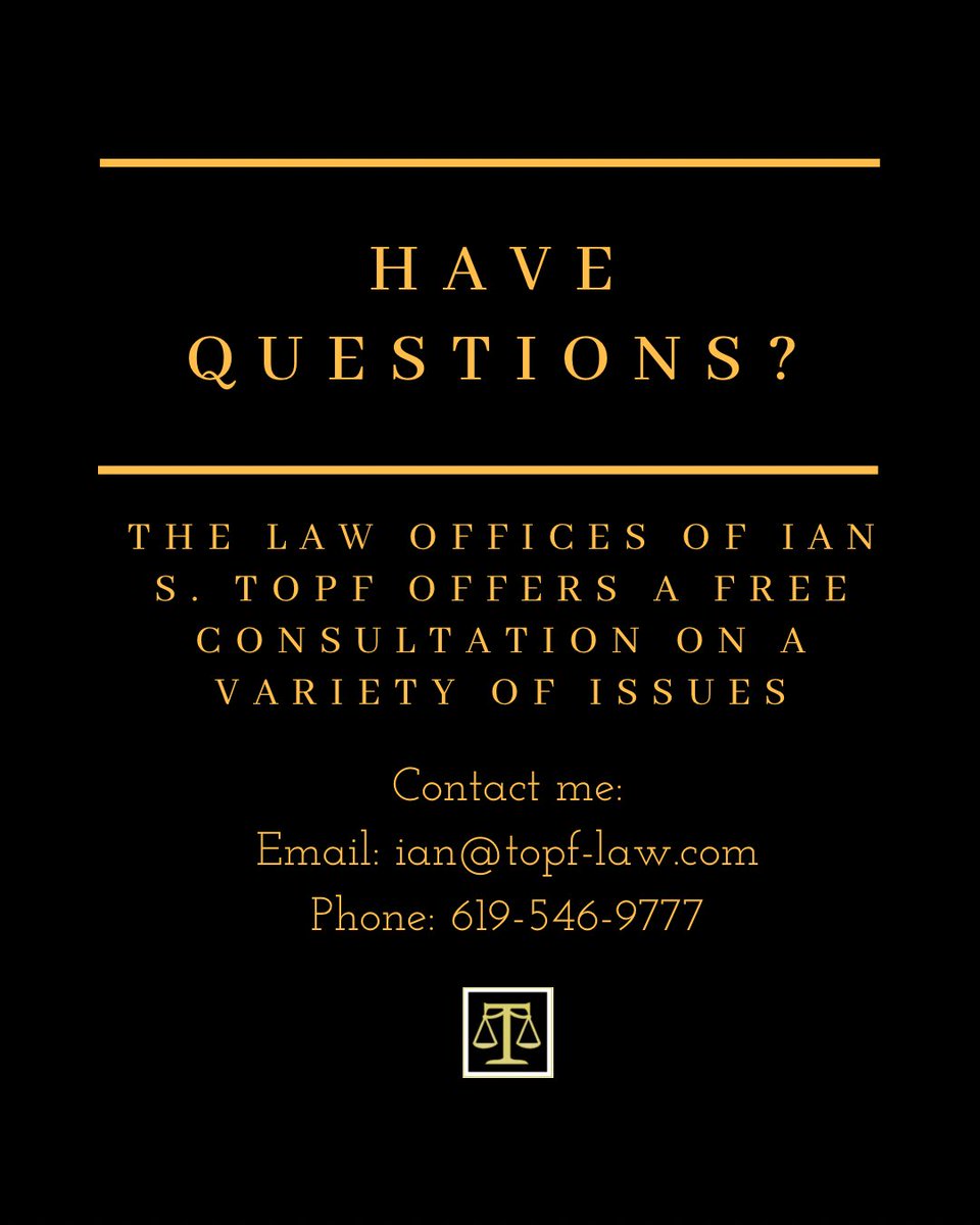 topf_law's tweet photo. The Law Offices Of Ian S. Topf, APC serves San Diego County representing clients with family law matters, bankruptcy, general, civil, litigation, and criminal defense. 

Contact our office for a free consultation. 

Email: ian@top-law.com 
Phone: 619–546–9777 https://t.co/Ldspak9JkU