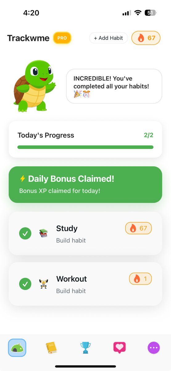 jvmeshan's tweet image. Been a year making @trackwme, the Duolingo for self-improvement

I recently updated from being a normal, boring habit tracker with more fun inside. I am kinda glad how it turned out.

My issue is still marketing, so messing around with UGC now!

Start improving yourself easily!