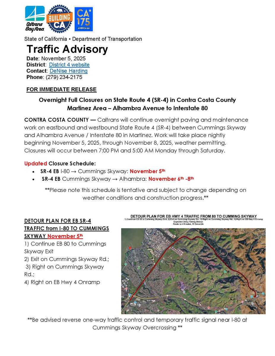 CaltransD4's tweet image. 🚧 Overnight Full Closures on SR-4 in Martinez 🚧
Caltrans will close sections of SR-4 between Alhambra Ave and I-80 for paving work Nov. 5–8, 7 PM–5 AM. Expect detours and delays.
Check conditions on Caltrans quickmap.dot.ca.gov or 511.org.
#BeWorkZoneAlert