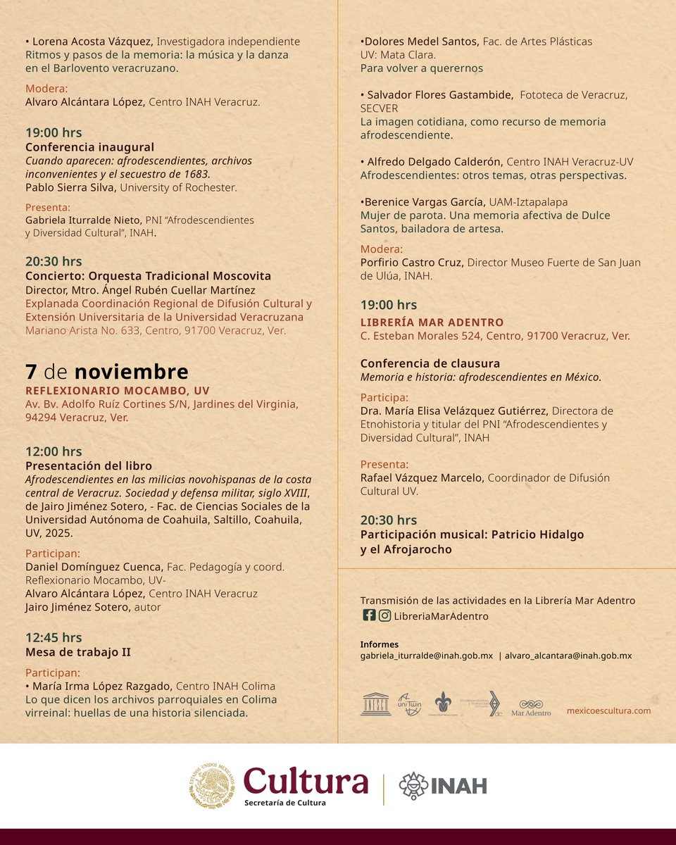 📢¡Les esperamos mañana! <a href="/afroinah/">Programa Nacional de Afrodescendientes</a> les invita a la 70a Sesión del Seminario de Estudios Afromexicanos "Los archivos de las memorias afrodescendientes en México"  

🗓️6 y 7 de noviembre 2025  
📍<a href="/UVeracruzanaMx/">Universidad Veracruzana</a> y Librería Mar Adentro

<a href="/INAHmx/">INAH</a> <a href="/DGDCulturalUV/">Difusión Cultural UV</a> <a href="/cultura_mx/">Secretaría de Cultura</a> <a href="/cnan_inah/">CNAN - INAH</a>