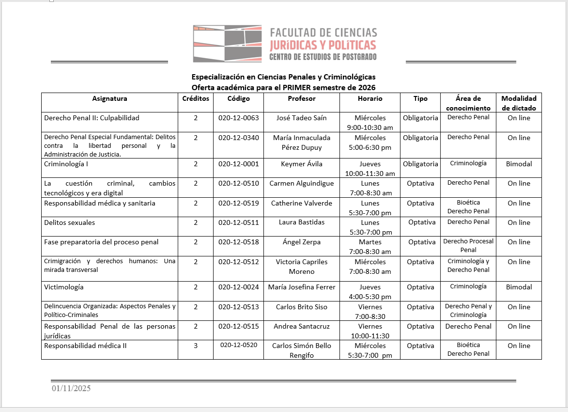 Muy satisfechos con la Oferta Académica para el próximo semestre 1-2026 en la cual seguimos sumando a los mejores penalistas y criminólogos del país, con pluralidad de enfoques, que enriquecen la comunidad académica que seguimos tejiendo. Más detalles: sites.google.com/view/cepfcjpuc…