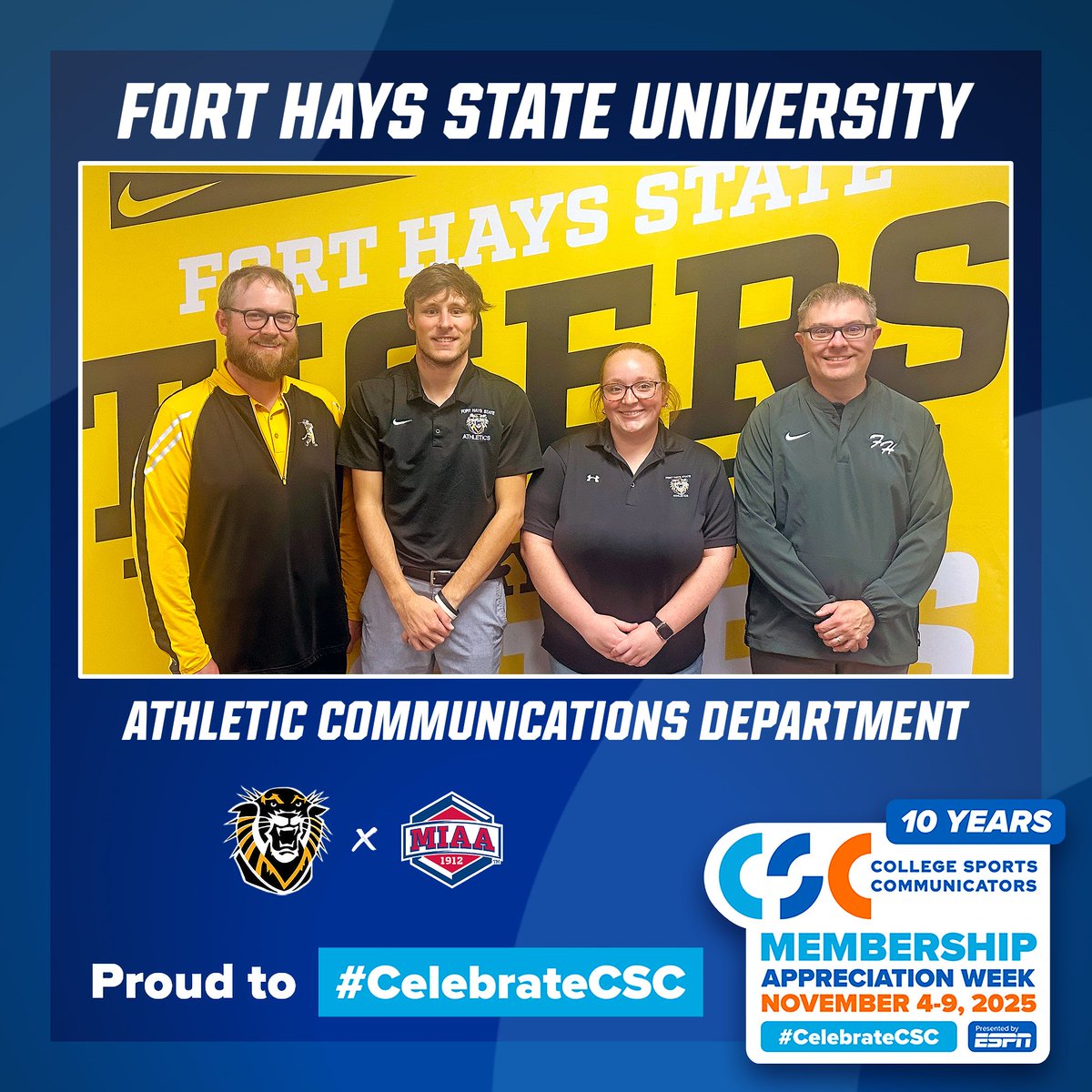 Today's #CelebrateCSC shoutout goes to the athletic communications staff of Fort Hays State 🐅
 
𝐓𝐇𝐀𝐍𝐊 𝐘𝐎𝐔 Ryan Prickett and Seth Kincaid, and their graduate assistants Trenton Colby and Riley Stallbaumer, for all that they do for <a href="/fhsuathletics/">FHSU Athletics</a>! 

Ryan Prickett is in his