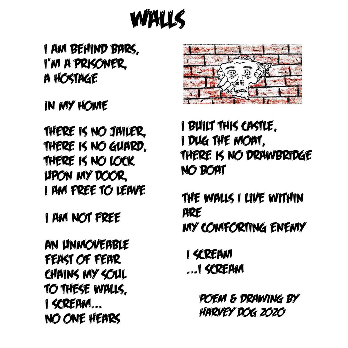 HarveyDog1962's tweet image. It's not easy to overcome invisible #walls...not easy at all. 🧱
The invisible walls kept me in tonight, but I'll keep trying! Have a good night! 😀
#poetry #poetrycommunity #poetryislife #writing #poetrylovers #poem #depression #agoraphobia