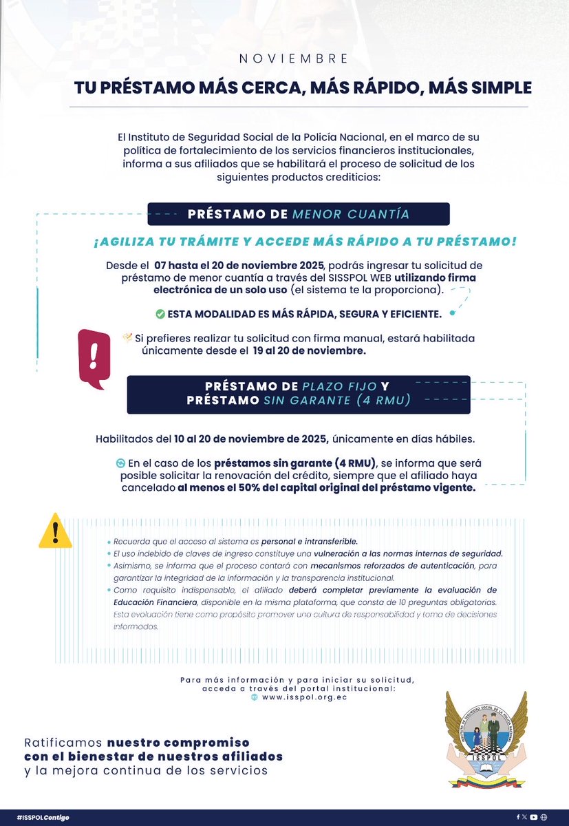 📢 PRÉSTAMOS HABILITADOS

En noviembre estarán habilitados los préstamos de menor cuantía, plazo fijo y sin garante.

✅ Solicita en línea con firma electrónica.
✅ Renovación disponible en préstamos sin garante (hasta 4 RMU).

#ISSPOLInforma