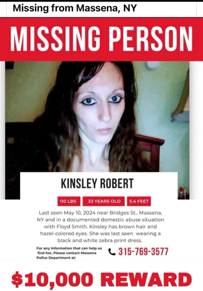 Breaking:missing  #KinsleyRobert last seen by boyfriend, 2 roomies who said she left home without her es dog, purse phone shoes coat in a zebra print dress in early May in the NorthernNYS. (It’s cold here then esp. at night. We need a spotlight on this case, PLEASE SHARE