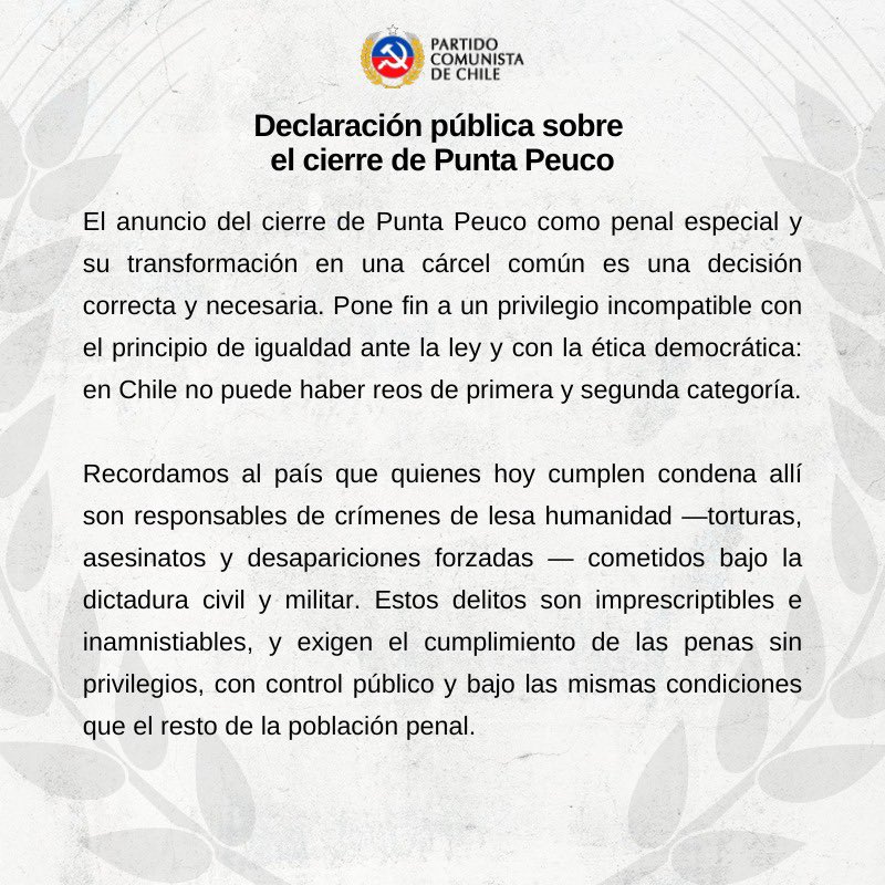 PCdeChile's tweet photo. Declaración pública Comisión Nacional de DDHH PC de Chile sobre penal de Punta Peuco. https://t.co/icWqjzgzRR
