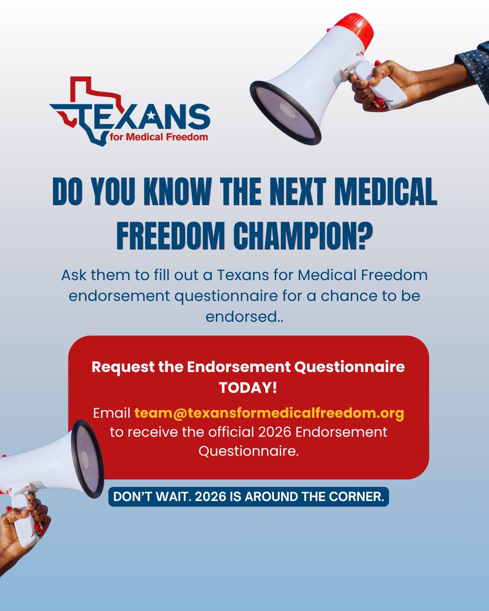 Know a Texas candidate who stands for parental rights &amp; medical freedom? 🗳️

Encourage them to fill out the 2026 Candidate Questionnaire for a Texans for Medical Freedom endorsement!

📩 Questions? Email us at team@texansformedicalfreedom.org

#MedicalFreedom #TexasElections