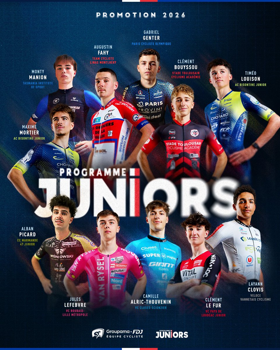 Le Programme Juniors poursuit sa mission de formation en 2026 avec 𝟏𝟏 𝐜𝐨𝐮𝐫𝐞𝐮𝐫𝐬 dont 4 juniors première année. Découvrez la promotion 2026 ⤵

🆕 11 riders will be part of our U19 Programme for 2026 including Monty Manion, our first australian rider joining in U19.
