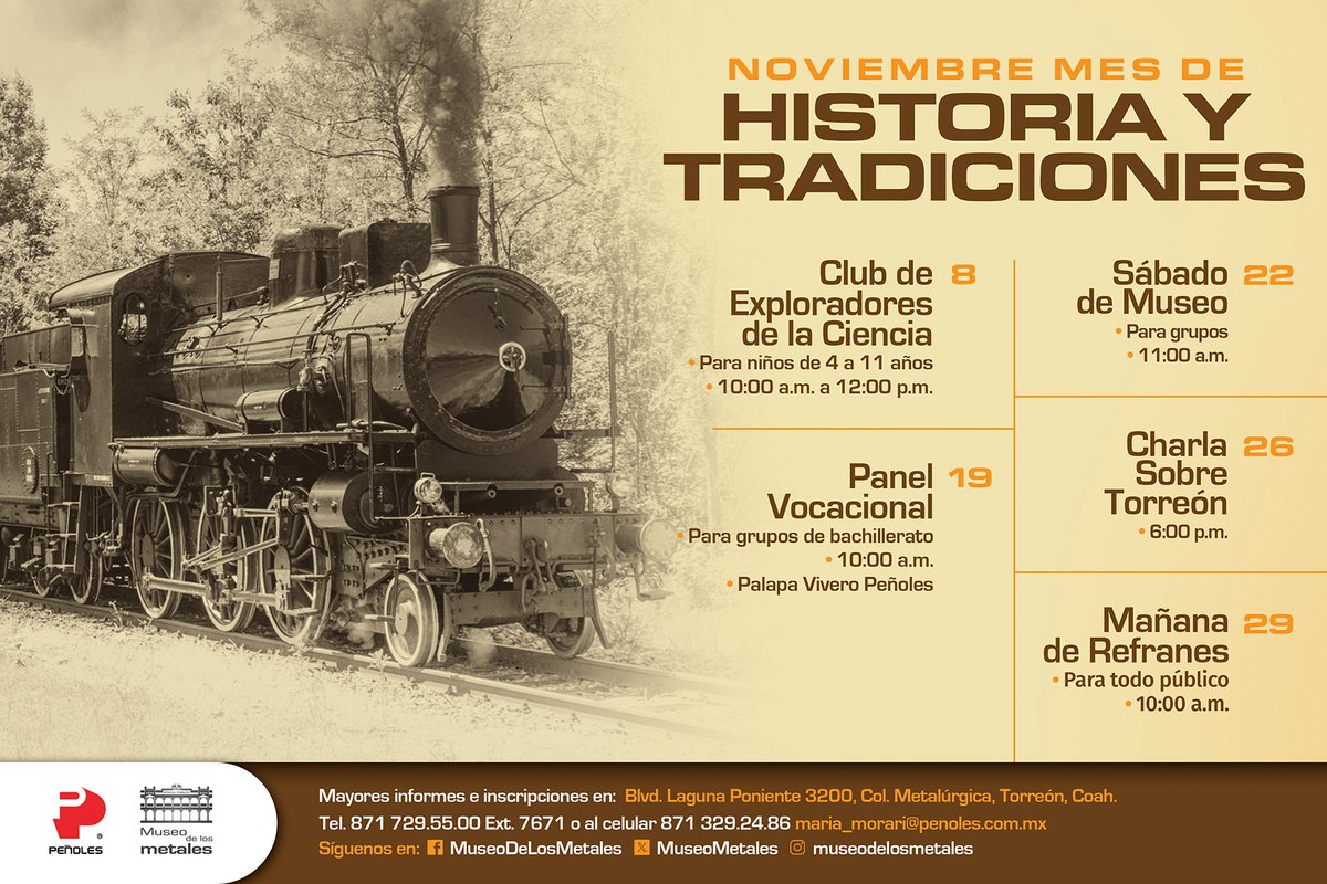 ✨ Noviembre: Historia y Tradiciones en el Museo de los Metales 🏛️

¡Este mes traemos una cartelera que no te puedes perder! 🤩 Exploraremos la "Historia y Tradiciones" con eventos para todas las edades.

#MuseoDeLosMetales #HistoriaYTradiciones #NoviembreDeCultura #Torreón