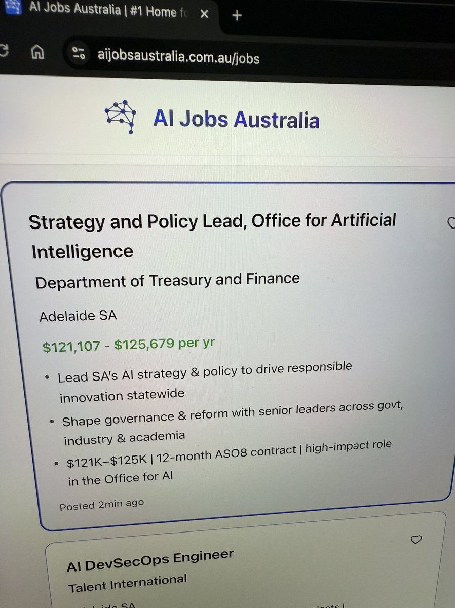 aijobsaustralia's tweet image. SA Department of Treasury &amp;amp; Finance is hiring a Strategy and Policy Lead to join the Office for Artificial Intelligence,, a new team shaping how AI is adopted across South Australia.

$121K–$125K | 12-month contract (extendable)

More info at: aijobsaustralia.com.au