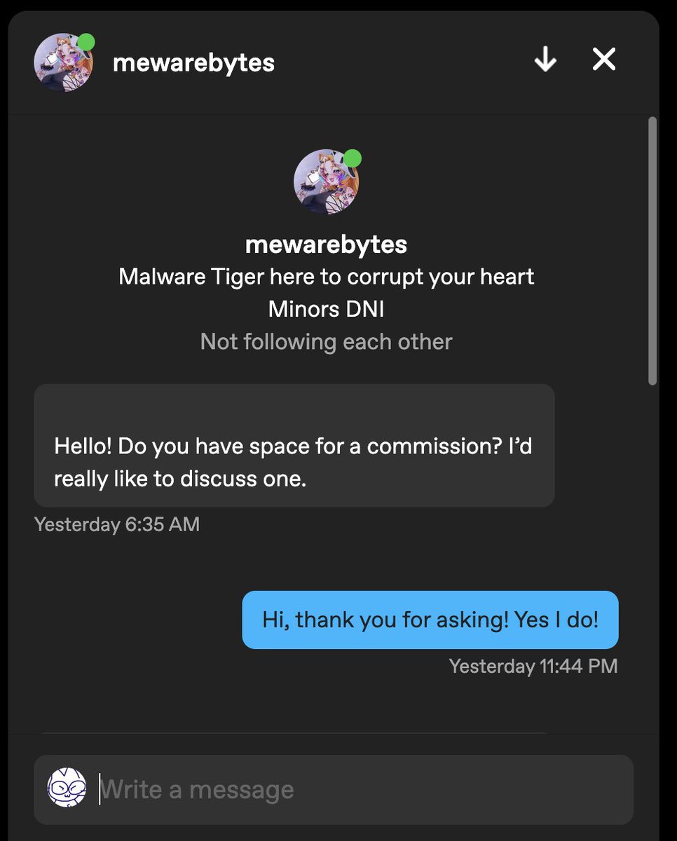 Mewarebytes's tweet image. It&apos;s been brought to my attention that someone has taken my name and is impersonating me on Tumblr. I DO NOT HAVE A TUMBLR ACCOUNT!
⚠️IT IS NOT ME⚠️
They are apparently going around asking people for art commissions. DO NOT FALL FOR IT, IT IS A SCAM!
DO NOT INTERACT!!!⚠️