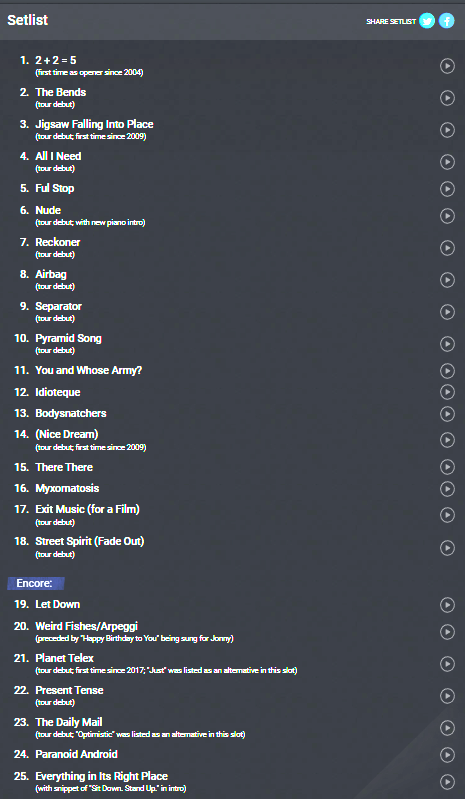 KingSl4y3r_'s tweet photo. Primeros setlists de Radiohead en su vuelta a los escenarios https://t.co/aDNVnGZOX9