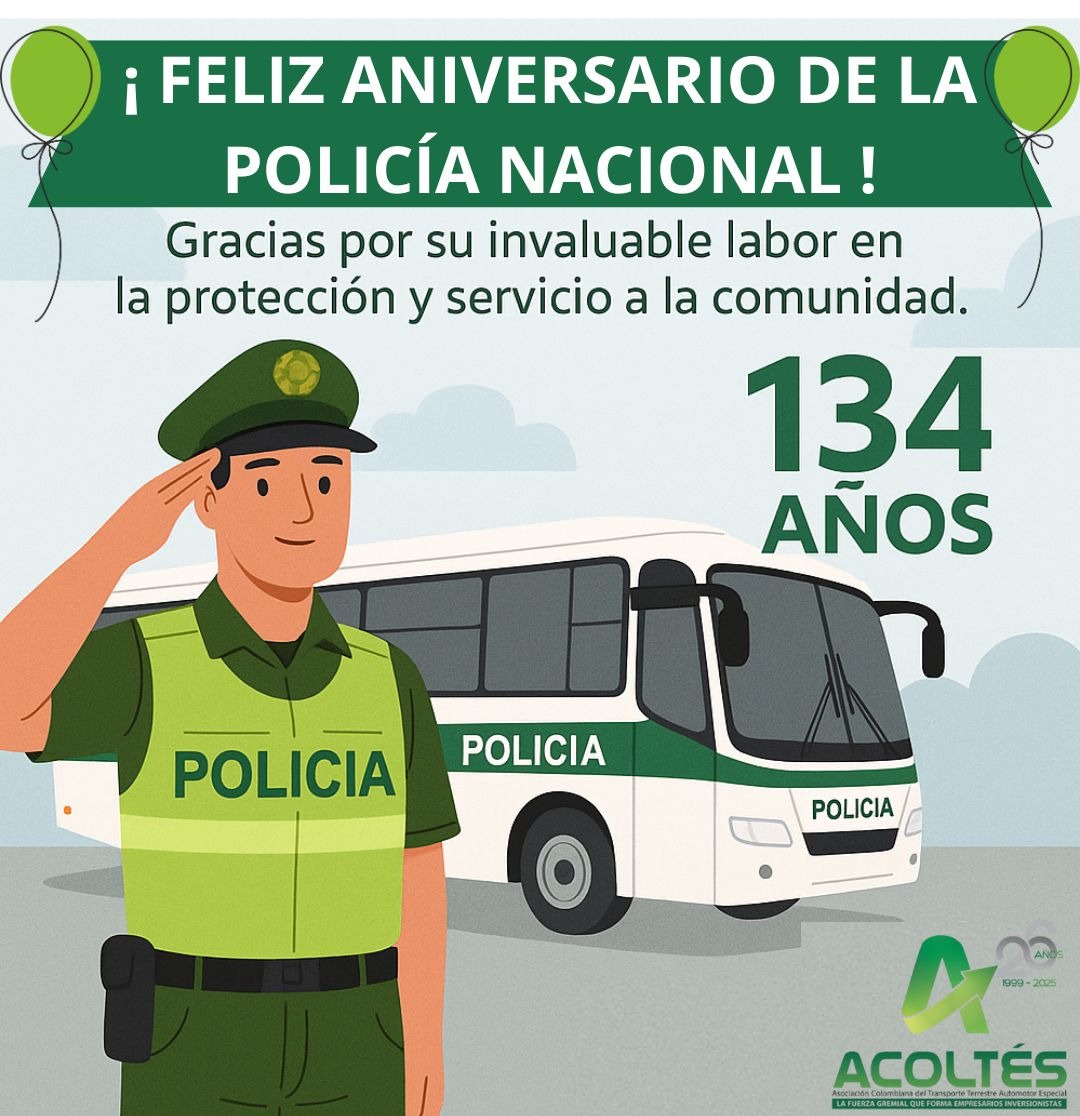 💚🚔 Hoy celebramos el aniversario de la <a href="/PoliciaColombia/">Policía de Colombia</a> y desde @AcoltesColombia rendimos homenaje a quienes con valor y entrega protegen la vida, la seguridad y la tranquilidad de los colombianos.

#PolicíaNacional #Acoltés #TransporteEspecial #MovilidadSegura