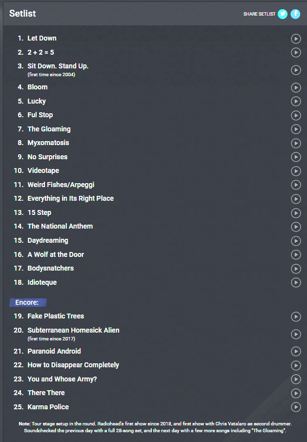 KingSl4y3r_'s tweet photo. Primeros setlists de Radiohead en su vuelta a los escenarios https://t.co/aDNVnGZOX9