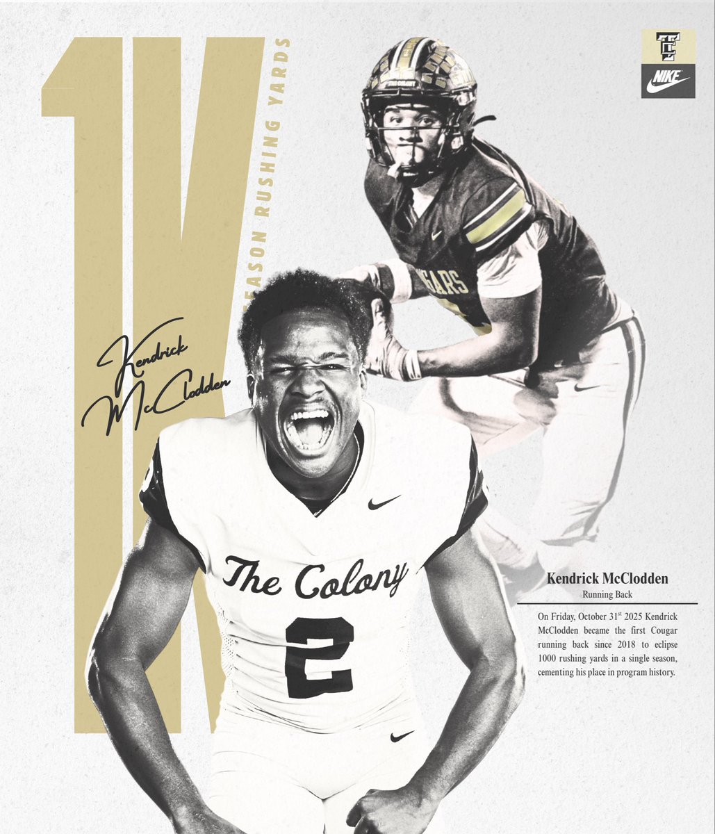 TCougarfootball's tweet photo. 1,000 yards. Earned. 

Congratulations to Kendrick McClodden surpassing the 1,000 yard mark for rushing yards this season. 

#TCfootball #GBGC #Showtime  @KendrickMcclod2 https://t.co/gKQthz57sN