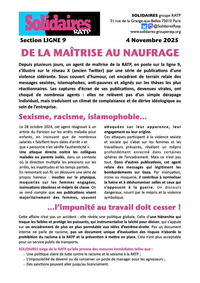 De la maîtrise au naufrage
#Sexisme, #Racisme, #Islamophobie, l’impunité au travail doit cesser ! #RATP #Metro #Ligne9