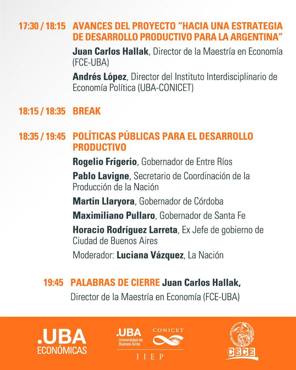 ✨ Una Argentina Productiva Posible
📅 Miércoles 19 de noviembre
🕓 De 14:30 a 20:00 hs
📍 FCE-UBA

Charlas, debates y paneles con referentes del sector público y privado sobre los desafíos y oportunidades del desarrollo productivo argentino 🇦🇷