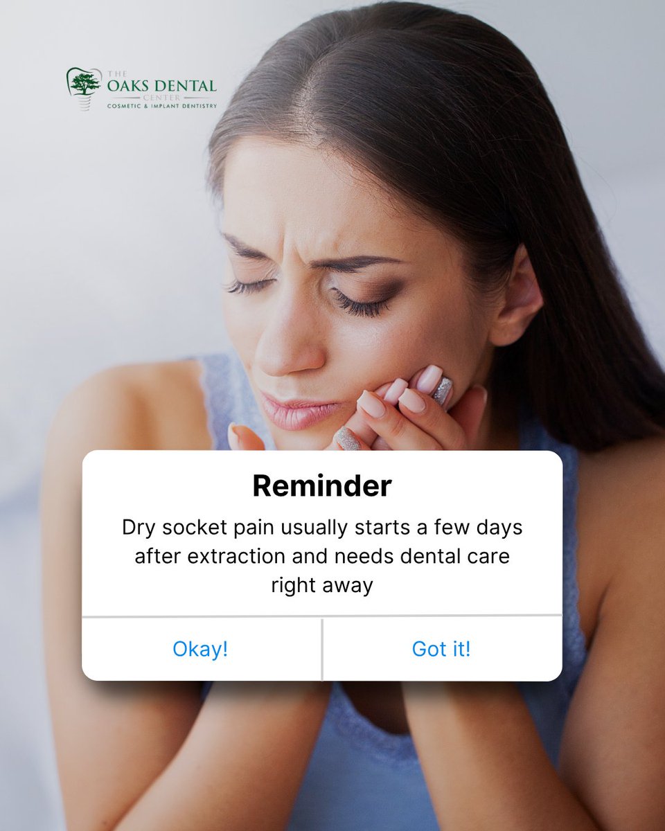 TheOaksDntalCtr's tweet photo. Dry socket pain can appear a few days after extraction. If you feel intense discomfort, seek dental care right away for relief and healing.
Visit https://t.co/zr0DLBYqw3 – link in bio
#theoaksdentalcenter #DentalReminder #ToothExtraction #DrySocket #DentalCare #HealthySmile https://t.co/luQobgdbr4
