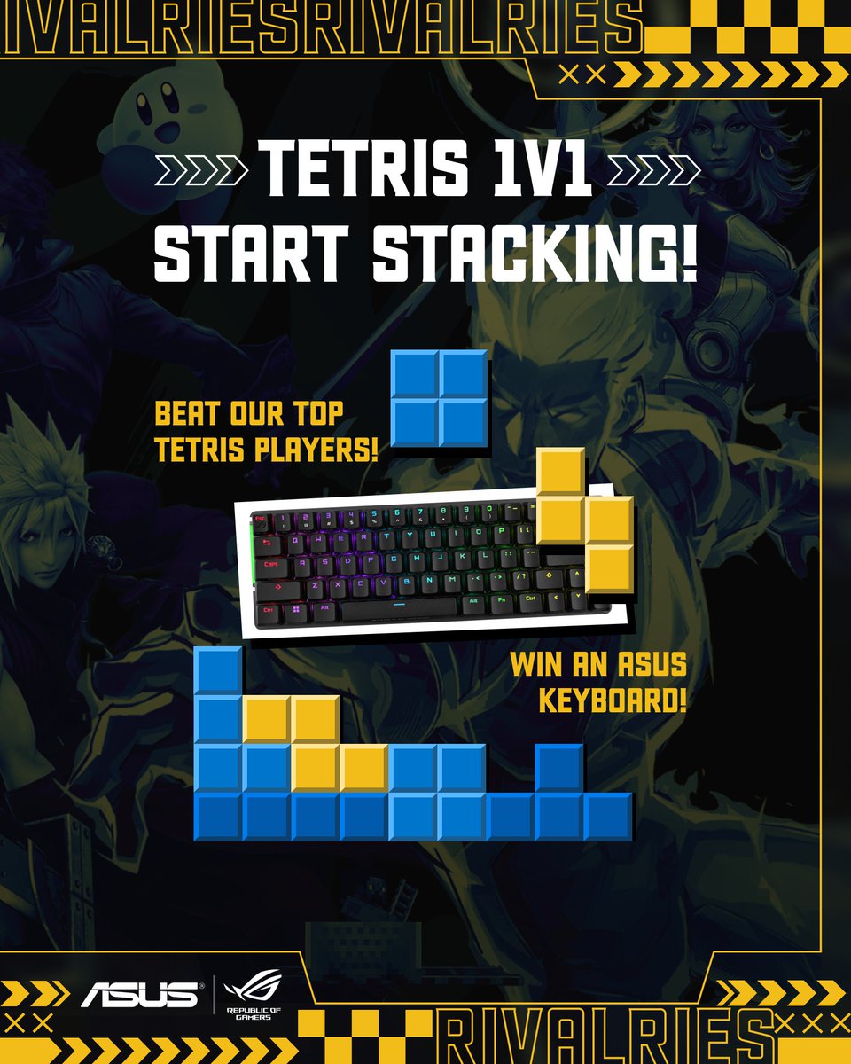 UCLAEsports's tweet image. 🟦 🟨 Are you in shape to beat our Tetris team? 🟦🟨

Challenge nationally ranked Tetris players from UCLA Esports at Cal Rivalries 👾 

⌨️ If you win, you&apos;re crowned an @ASUS_ROGNA keyboard!

#tetris #UCLAEsports #CaliforniaRivalries
