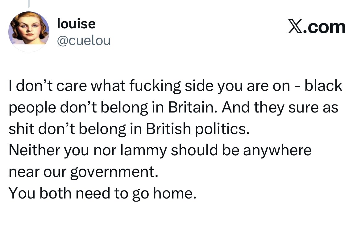 I don’t usually do these kind of posts, but a number of people I follow also seem to follow this account. And given the follower numbers it’s not a throwaway troll.
This is just shite grim racism.