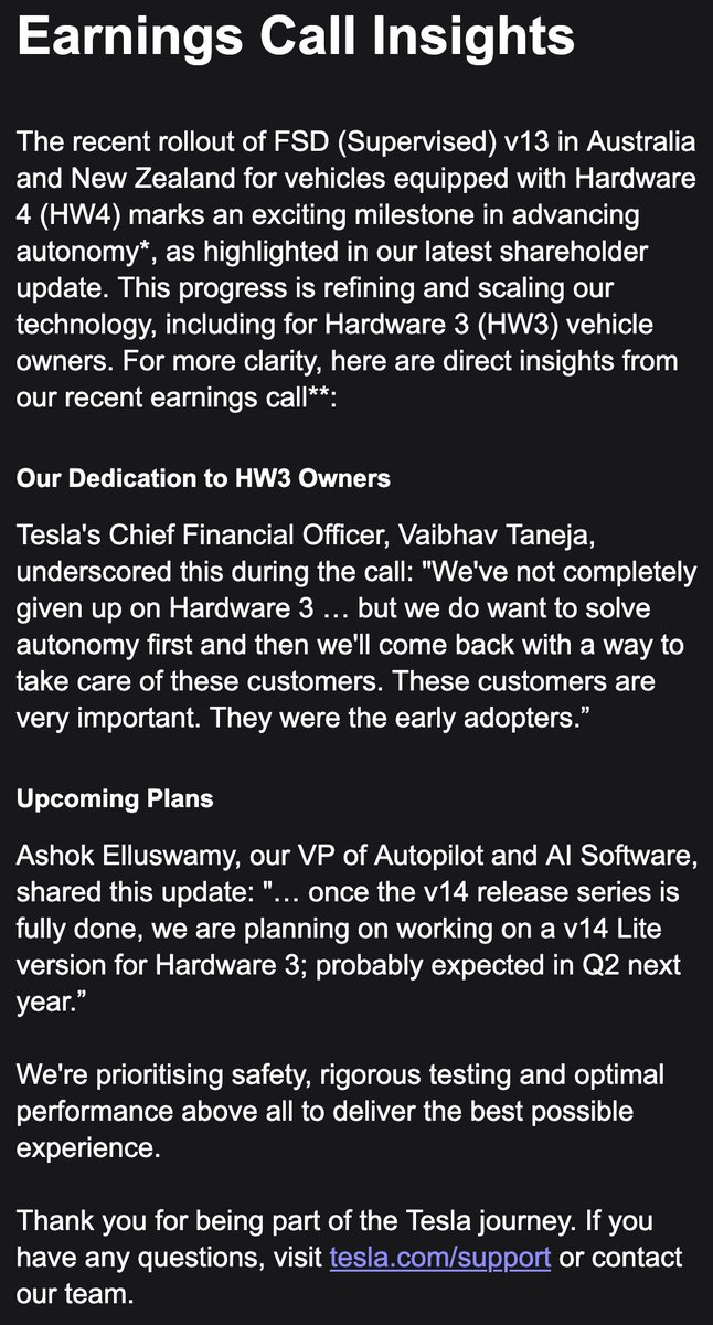 Tesla Australia and NZ sent out an email officially confirming FSD for HW3.  Although it's only quotes from the earnings call, this is the first time I've seen direct communications from Tesla about this.

<a href="/SawyerMerritt/">Sawyer Merritt</a> <a href="/TeslaBoomerMama/">AleXandra Merz 🇺🇲</a> <a href="/DillonLoomis/">Dillon Loomis</a>