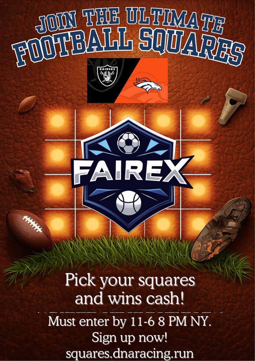 Spotonparts's tweet photo. Raiders vs Broncos
Thursday Night 8pm NY time
get in the 100% free squares contest
winner(s) gets a fairex trophy and betting cash!

https://t.co/EtJ0Z7Xk4m

brought to you by https://t.co/BZhvWVkDGD, with the new comp center having the best odds on earth, if you dare not own a core in DNA, get one, borrow one, mint one, something, get in the action.