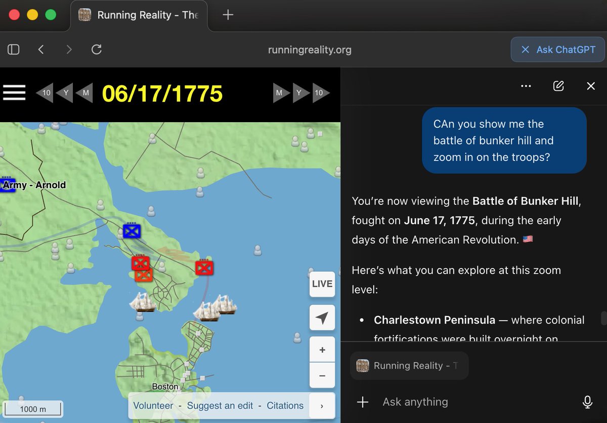 We tried the new <a href="/OpenAI/">OpenAI</a> Atlas web browser with Running Reality. You can ask questions about world history and Atlas can drive the map to be your tour guide to explore interactive historical events! #edtech #history #1775 #BunkerHill