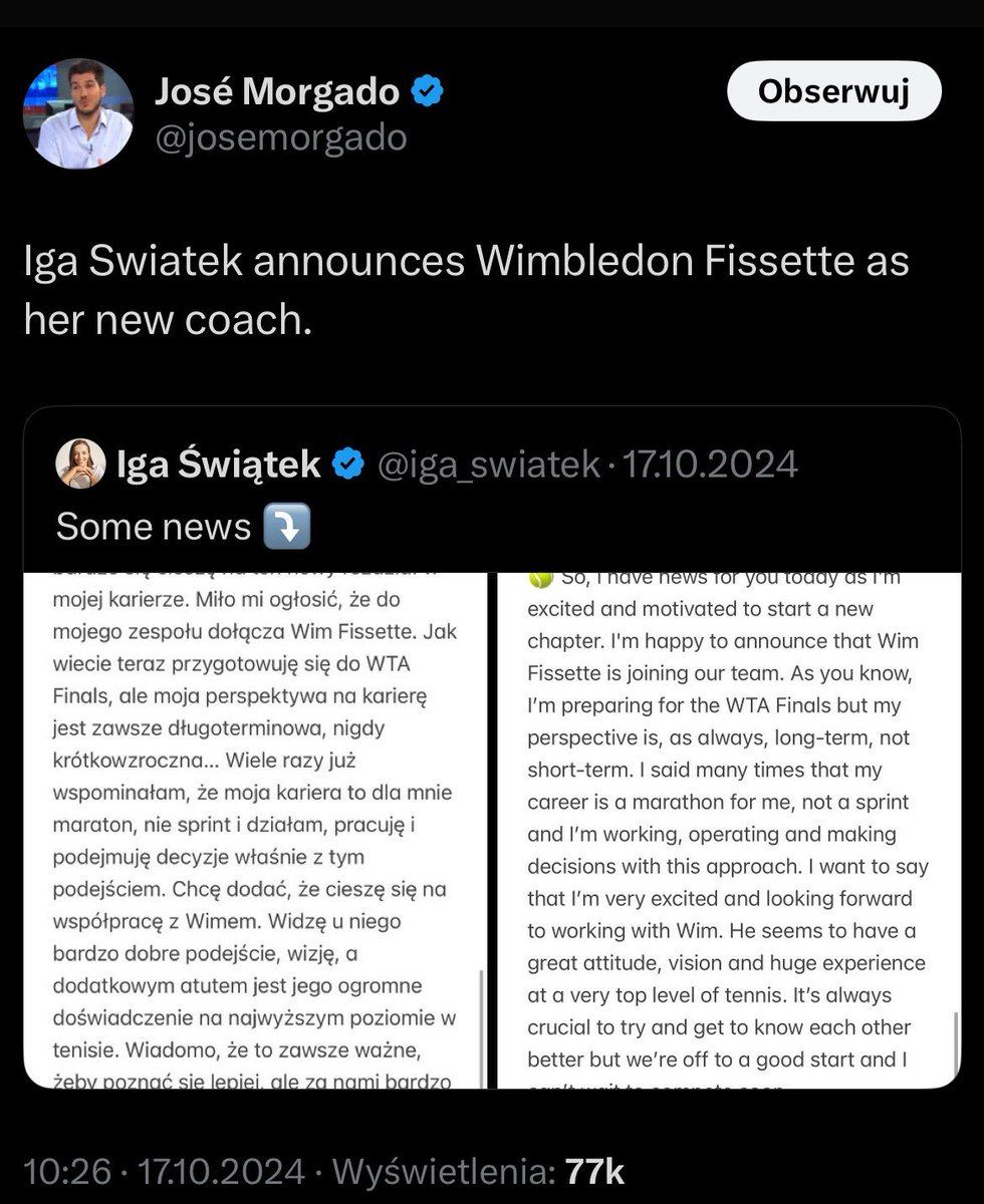 Iga Swiatek announces AustralianOpen Fissette as her new coach.