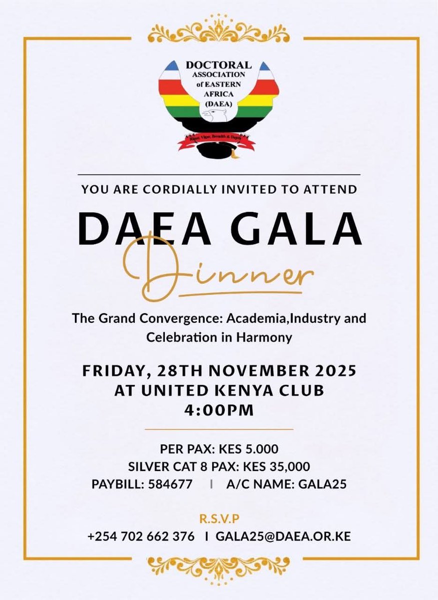 Join us for the DAEA Gala Dinner — where PhD students, holders &amp; professionals connect for networking &amp; collaboration.
Theme: “The Grand Convergence: Academia, Industry &amp; Celebration in Harmony.”
Come connect, belong &amp; grow .#PhD
#Nairobi #Kenya forms.gl/9xX9U7cTpq6iow…