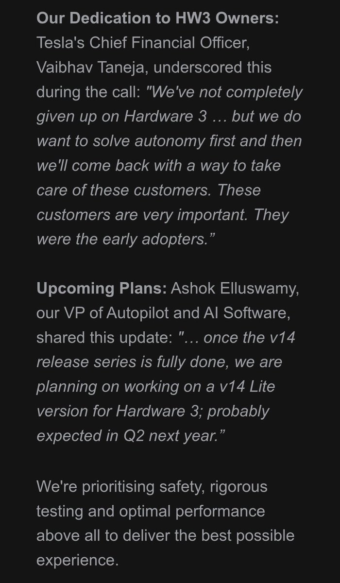doublehell's tweet image. The official word from Tesla, emailed out today, for HW3 owners in NZ/AU.

This sounds like FSD(s) 12.x is NOT on the cards