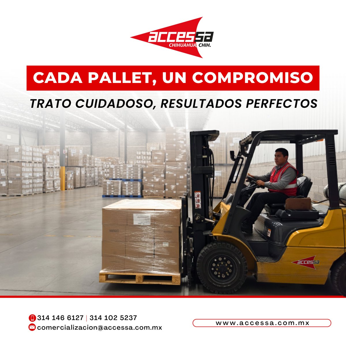 AccessaLogistic's tweet image. 📦 Detrás de cada pallet hay una promesa:
CUIDAMOS tu mercancía como si fuera nuestra ✨
ENTREGAMOS resultados que impulsan tu negocio 🚀

Porque en ACCESSA Chihuahua, cada carga cuenta y cada cliente es único 💫

Escríbenos:
📧 comercializacion@accessa.com.mx

#AlmacénChihuahua