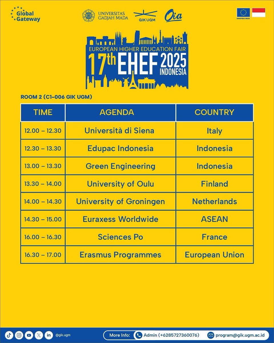 Rangkaian acara masif kedatangan kampus2 TOP EROPA ke GIK UGM &amp; Yogyakarta di EHEF hari ini 6 November 2025 
Sebagai alumni Swedia semalam kumpul2 dgn representasi kampus2 Swedia dan alumninya di Yogya
Kesempatan luar biasa untuk melihat langsung dari dekat ya gesss