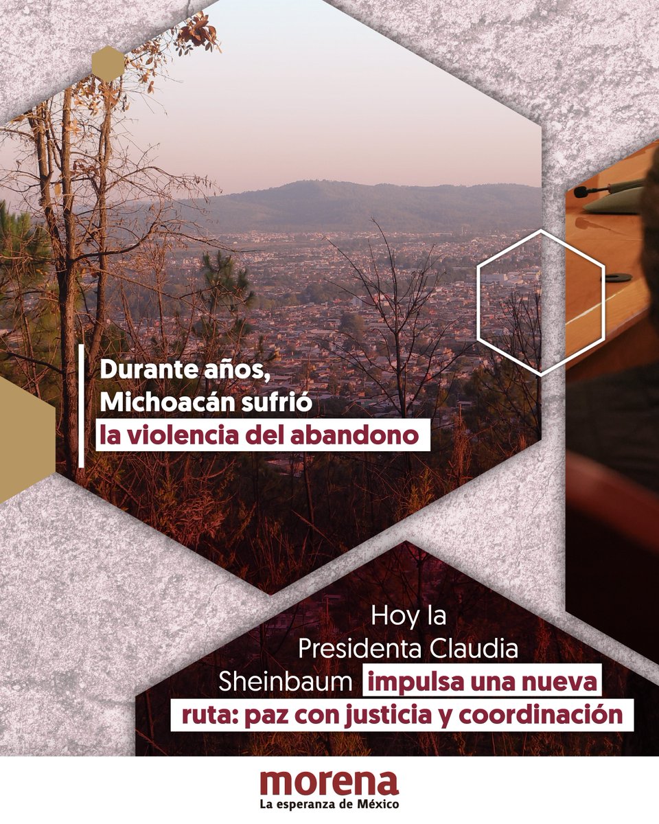 PartidoMorenaMx's tweet photo. La paz no se impone con guerra ni miedo, se construye en comunidad y con justicia social.

El #PlanMichoacán desplegará una estrategia integral de coordinación institucional que atenderá las causas de la violencia y apoyará a las víctimas.

Con inteligencia y sin militarización, la estrategia de seguridad de la Presidenta @Claudiashein avanza en la dirección correcta.