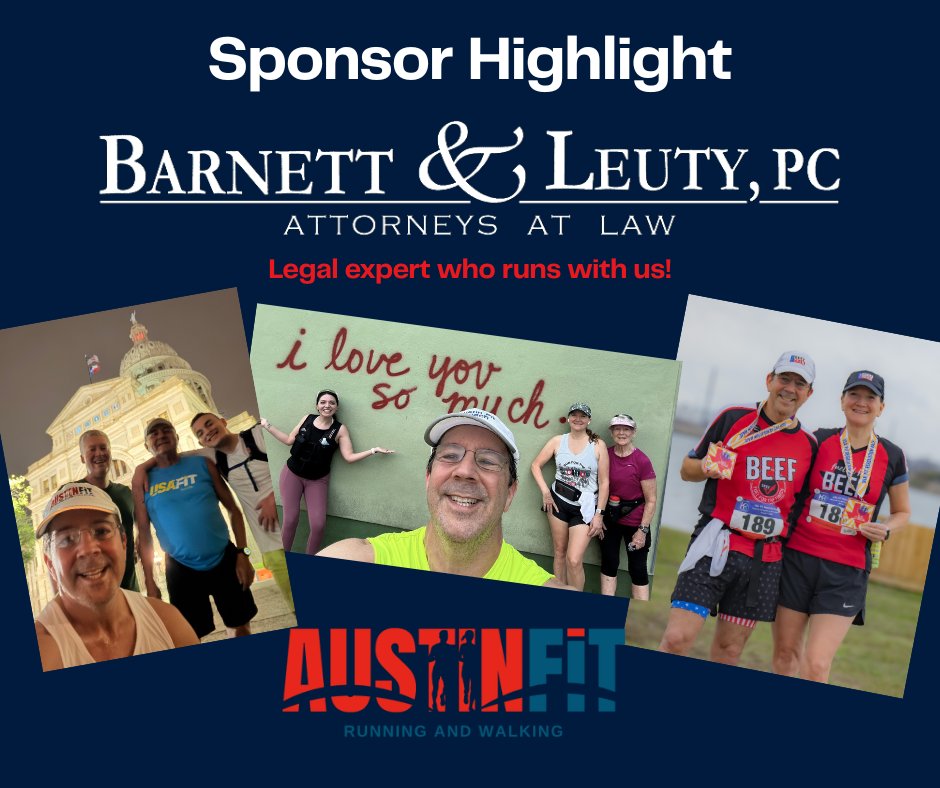 RunAustinFit's tweet image. 📷 Barnett &amp;amp; Leuty Attorney at Law – Legal Expert Who Runs with Us. A heartfelt thank you for their unwavering support of Austin Fit.  We look forward to many more miles together. 
#BarnettLeuty #AustinFitSponsors #CommunityPartners